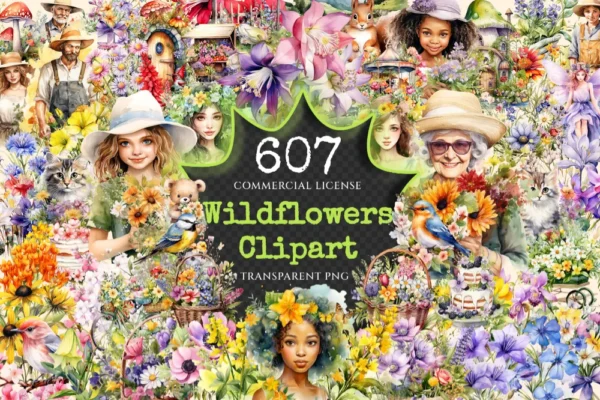 Wildflowers Watercolor Clipart Bundle - 604+ transparent PNG, Blooming wildflower graphics, Spring nature, Commercial use, Digital download