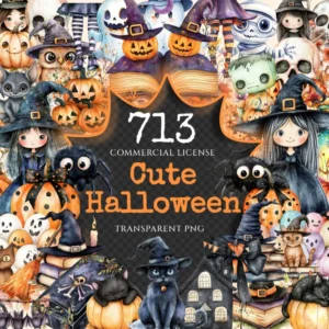 Cute Halloween Watercolor Clipart Bundle - 710+ transparent PNG, Playful spooky graphics, Eerie halloween, Commercial use, Digital download