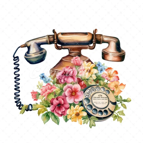 20 High-Quality Antique Floral Telephones Clipart - Telephone digital watercolor JPG instant download for commercial use - Digital download