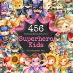 Superhero Kids Watercolor Clipart Bundle - 450+ transparent PNG, Heroic kids images, Dynamic character png, Commercial use, Digital download