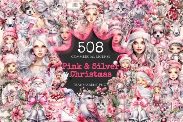 Pink & Silver Christmas Watercolor Clipart Bundle - 503+ transparent PNG, Xmas winter images, Festive png, Commercial use, Digital download