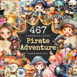 Pirate Adventure Watercolor Clipart Bundle - 462+ transparent PNG, Nautical adventure graphics, Pirate art, Commercial use, Digital download