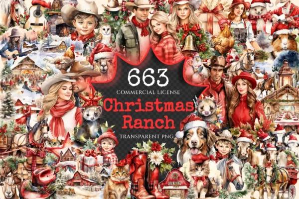 Christmas Ranch Clipart Bundle - 660+ transparent PNG, Holiday farm graphics, Festive christmas ranch art, Commercial use, Digital download