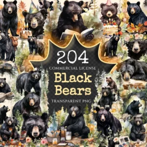 Black Bears Clipart Bundle - 200+ transparent PNG, Woodland creature illustrations, Majestic bear graphics, Commercial use, Digital download