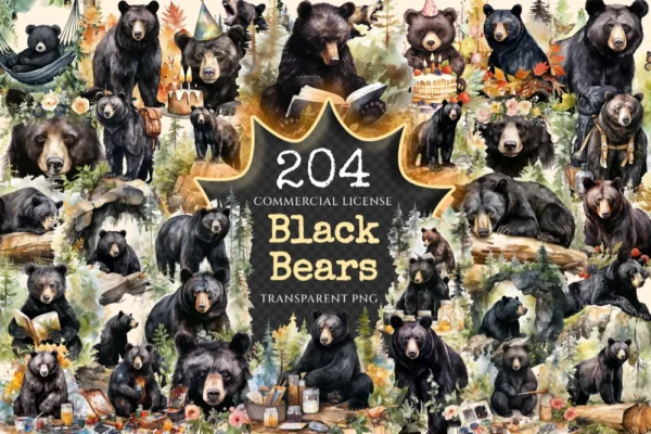 Black Bears Clipart Bundle - 200+ transparent PNG, Woodland creature illustrations, Majestic bear graphics, Commercial use, Digital download