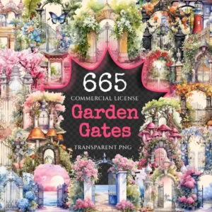 Garden Gates Watercolor Clipart Bundle - 660+ transparent PNG, Whimsical doorway illustrations, Door png, Commercial use, Digital download