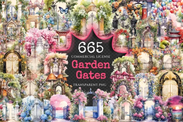 Garden Gates Watercolor Clipart Bundle - 660+ transparent PNG, Whimsical doorway illustrations, Door png, Commercial use, Digital download