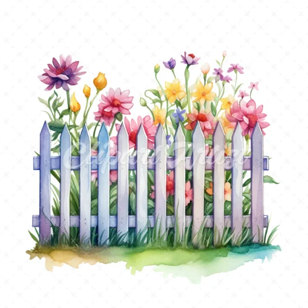 20 High-Quality Picket Fences Clipart - Picket fences digital watercolor JPG instant download for commercial use - Digital download