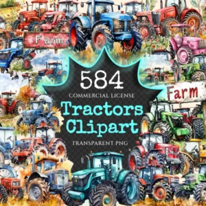 Tractors Watercolor Clipart Bundle - 580+ transparent PNG, Rural tractor graphics, Farming equipment png, Commercial use, Digital download