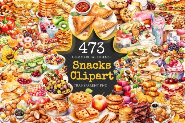 Snacks Watercolor Clipart Bundle - 470+ transparent PNG, Delicious snack variety graphics, Fast food png, Commercial use, Digital download