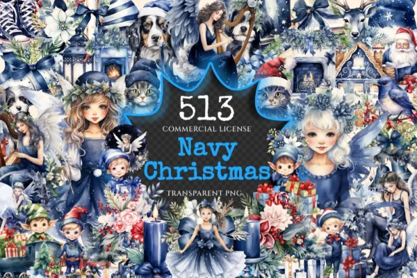 Navy Christmas Watercolor Clipart Bundle - 510+ transparent PNG, Festive decor graphics, Blue holiday png, Commercial use, Digital download