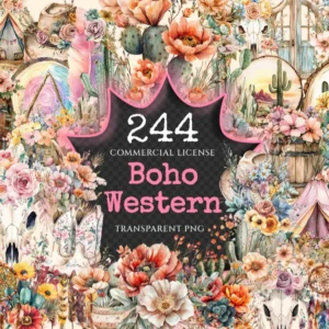 Boho Western Watercolor Clipart Bundle - 240+ transparent PNG, Western desert cowgirl graphics, Boho png, Commercial use, Digital download