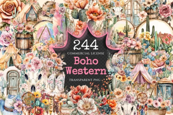 Boho Western Watercolor Clipart Bundle - 240+ transparent PNG, Western desert cowgirl graphics, Boho png, Commercial use, Digital download