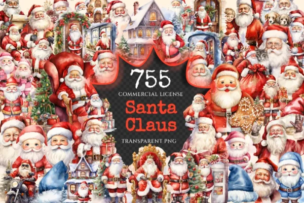 Santa Claus Watercolor Clipart Bundle - 750+ transparent PNG, Cheerful santa illustrations, Holiday images, Commercial use, Digital download