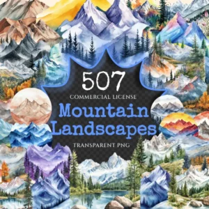 Mountain Landscapes Watercolor Clipart Bundle - 503+ transparent PNG, Majestic mountain images, Alpine png, Commercial use, Digital download
