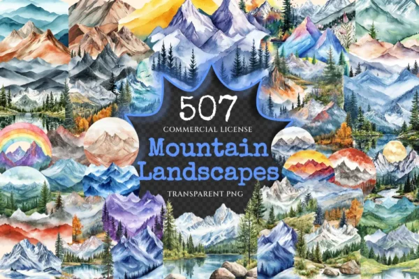 Mountain Landscapes Watercolor Clipart Bundle - 503+ transparent PNG, Majestic mountain images, Alpine png, Commercial use, Digital download