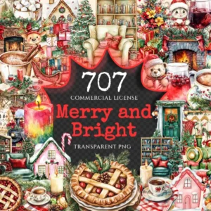 Merry and Bright Watercolor Clipart Bundle - 702+ transparent PNG, Christmas png, Joyful holiday graphics, Commercial use, Digital download
