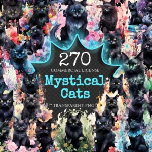 Mystical Cats Watercolor Clipart Bundle - 265+ transparent PNG, Floral fantasy graphics, Enchanting cat png,Commercial use, Digital download