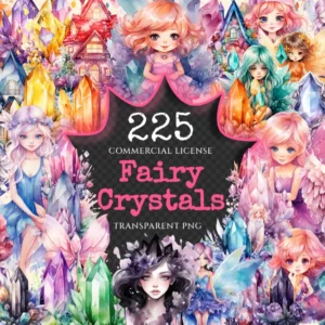 Fairy Crystals Watercolor Clipart Bundle - 220+ transparent PNG, Enchanting fairy images, Cute storybook, Commercial use, Digital download