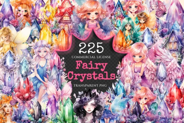 Fairy Crystals Watercolor Clipart Bundle - 220+ transparent PNG, Enchanting fairy images, Cute storybook, Commercial use, Digital download