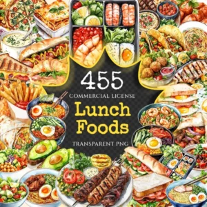 Lunch Foods Watercolor Clipart Bundle - 450+ transparent PNG, Midday feast graphics, Lunchtime meal images, Commercial use, Digital download