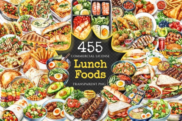 Lunch Foods Watercolor Clipart Bundle - 450+ transparent PNG, Midday feast graphics, Lunchtime meal images, Commercial use, Digital download