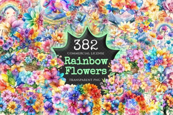 Rainbow Flowers Watercolor Clipart Bundle - 380+ transparent PNG, Vibrant flower graphics, Blossom png, Commercial use, Digital download