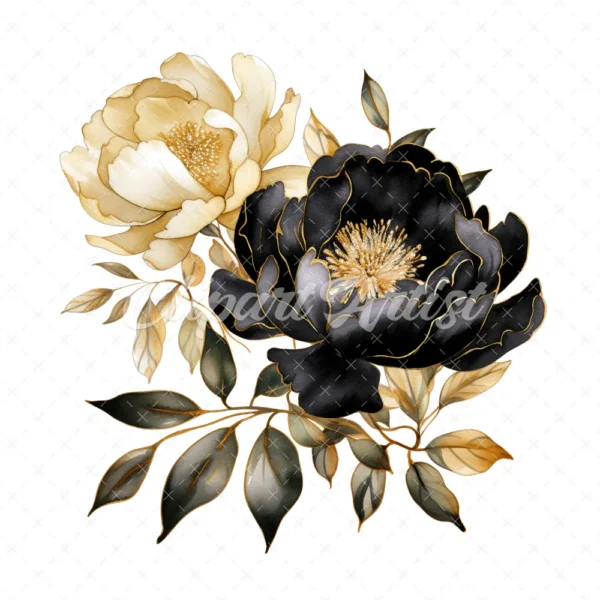 23 High-Quality Black Gold Peony Clipart - Black gold peony digital watercolor JPG instant download for commercial use - Digital download