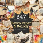 Retro Paper & Melody Watercolor Clipart Bundle - 342+ transparent PNG, Retro music sheet png, Musical art, Commercial use, Digital download