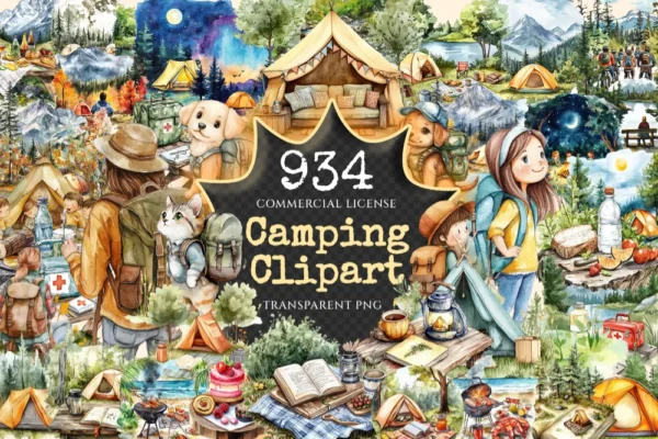 Camping Watercolor Clipart Bundle - 930+ transparent PNG, Nature adventure illustrations, Campsite graphics,Commercial use, Digital download