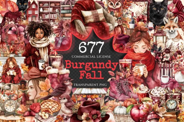 Burgundy Fall Watercolor Clipart Bundle - 672+ transparent PNG, Autumn burgundy images, Seasonal leaf png, Commercial use, Digital download