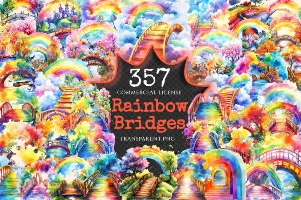 Rainbow Bridges Watercolor Clipart Bundle - 352+ transparent PNG, Colorful archway images, Vibrant bridge, Commercial use, Digital download