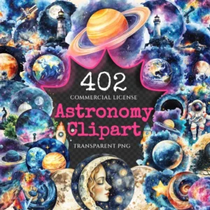 Astronomy Watercolor Clipart Bundle - 400+ transparent PNG, Sky and planet graphics, Celestial starry art, Commercial use, Digital download