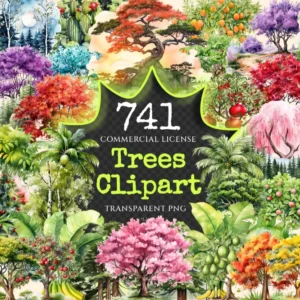 Trees Watercolor Clipart Bundle - 738+ transparent PNG, Scenic tree and landscape graphics, Green nature, Commercial use, Digital download