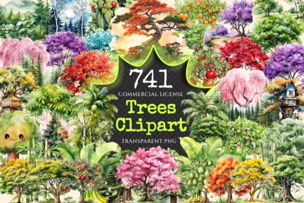 Trees Watercolor Clipart Bundle - 738+ transparent PNG, Scenic tree and landscape graphics, Green nature, Commercial use, Digital download