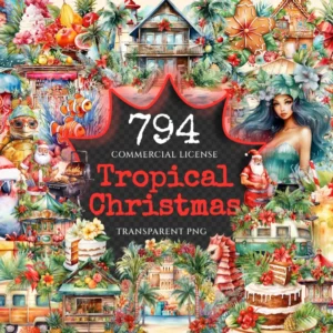 Tropical Christmas Watercolor Clipart Bundle - 790+ transparent PNG, Exotic tropic holiday image,Festive png,Commercial use,Digital download