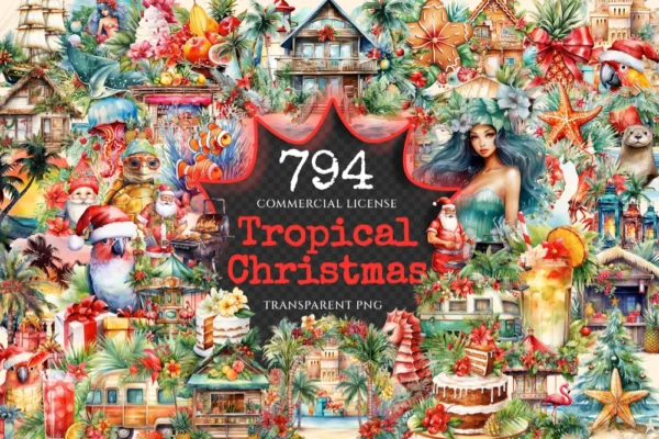 Tropical Christmas Watercolor Clipart Bundle - 790+ transparent PNG, Exotic tropic holiday image,Festive png,Commercial use,Digital download
