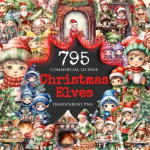 Christmas Elves Watercolor Clipart Bundle - 791+ transparent PNG, Cozy festive magic png, Holiday elf art, Commercial use, Digital download