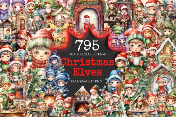 Christmas Elves Watercolor Clipart Bundle - 791+ transparent PNG, Cozy festive magic png, Holiday elf art, Commercial use, Digital download