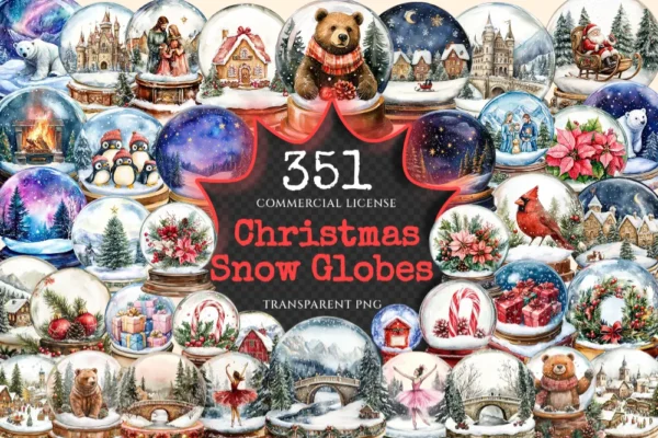 Christmas Snow Globes Watercolor Clipart Bundle - 348+ transparent PNG, Holiday cheer graphics, Cozy winter, Commercial use,Digital download