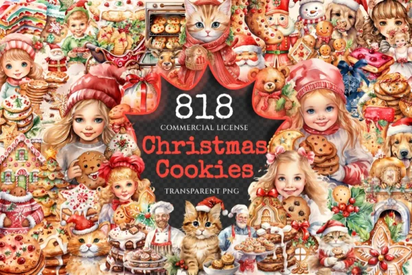 Christmas Cookies Watercolor Clipart Bundle - 815+ transparent PNG, Holiday cookie graphics, Festive baking, Commercial use,Digital download