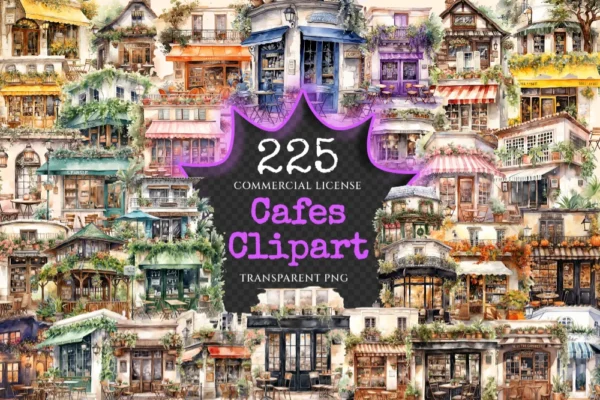 Cafes Watercolor Clipart Bundle - 220+ transparent PNG, Charming coffee shop graphics, Delightful bistro art,Commercial use,Digital download