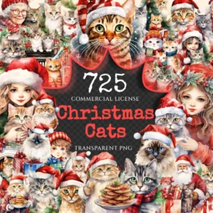Christmas Cats Watercolor Clipart Bundle - 721+ transparent PNG, Holiday cat images, Cozy festive kitty png, Commercial use,Digital download