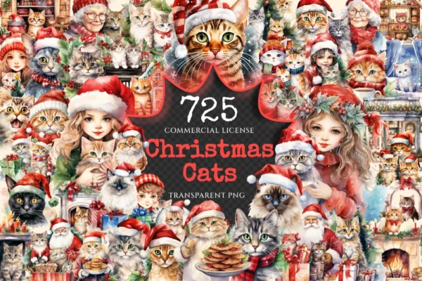 Christmas Cats Watercolor Clipart Bundle - 721+ transparent PNG, Holiday cat images, Cozy festive kitty png, Commercial use,Digital download