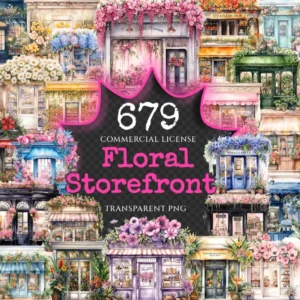 Floral Storefronts Watercolor Clipart Bundle - 675+ transparent PNG, Floral shopfront images, Elegant flower,Commercial use,Digital download