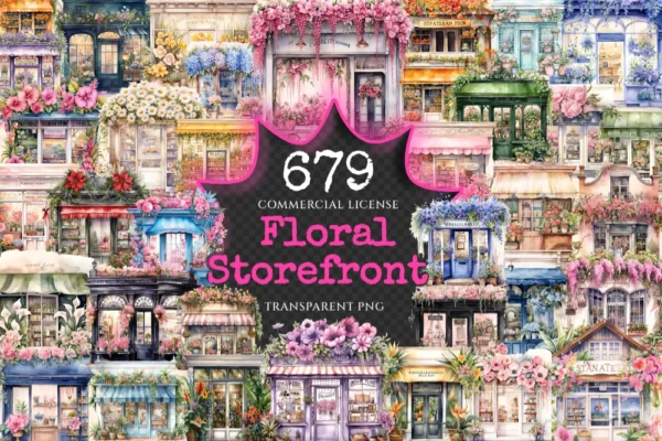 Floral Storefronts Watercolor Clipart Bundle - 675+ transparent PNG, Floral shopfront images, Elegant flower,Commercial use,Digital download
