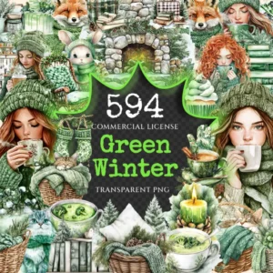 Green Winter Watercolor Clipart Bundle - 590+ transparent PNG, Lush forest graphics, Vibrant nature images, Commercial use, Digital download