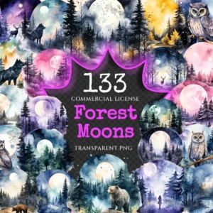 Forest Moons Watercolor Clipart Bundle - 130+ transparent PNG, Magical twilight graphics, Enchanted forest, Commercial use, Digital download