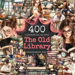 The Old Library Watercolor Clipart Bundle - 398+ transparent PNG, Antique book graphics, Vintage study png, Commercial use, Digital download