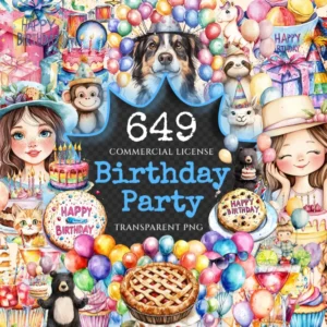 Birthday Party Watercolor Clipart Bundle - 645+ transparent PNG, Party treats graphics, Festive holiday png, Commercial use,Digital download